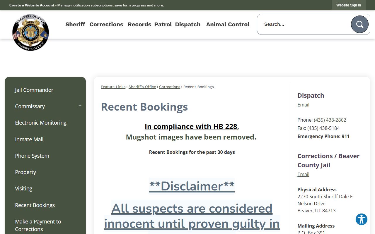 Beaver County recent bookings page for released inmates