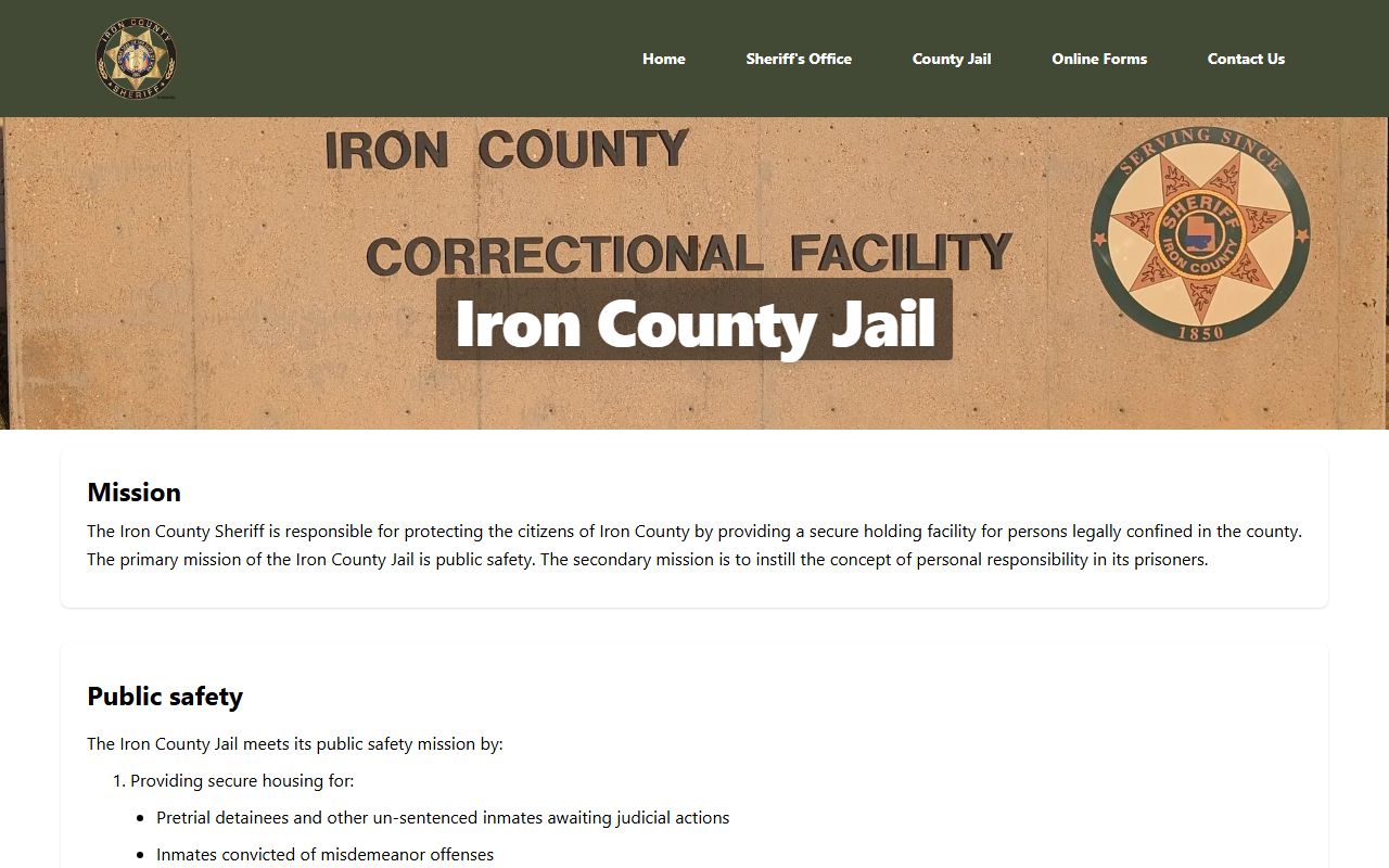 Iron County jail information page for released inmates