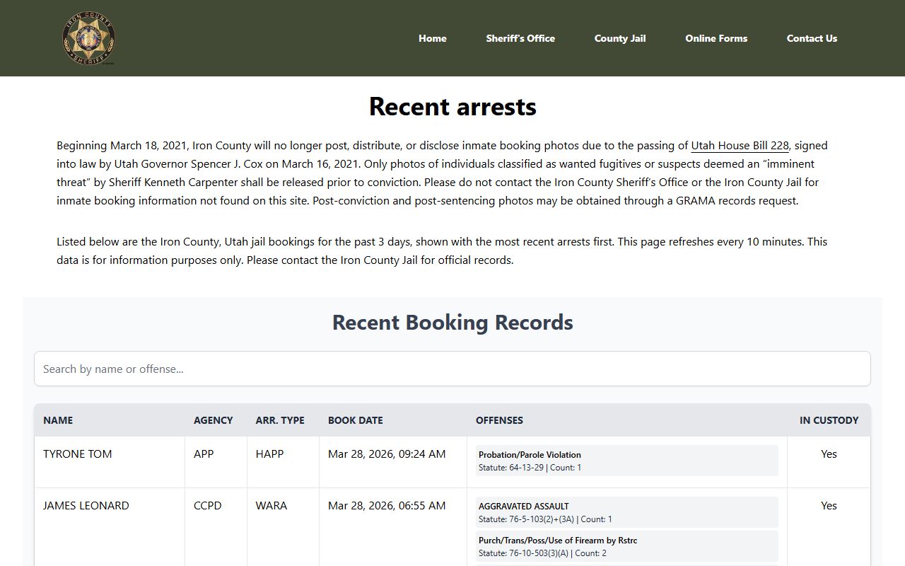 Iron County recent bookings page for released inmates