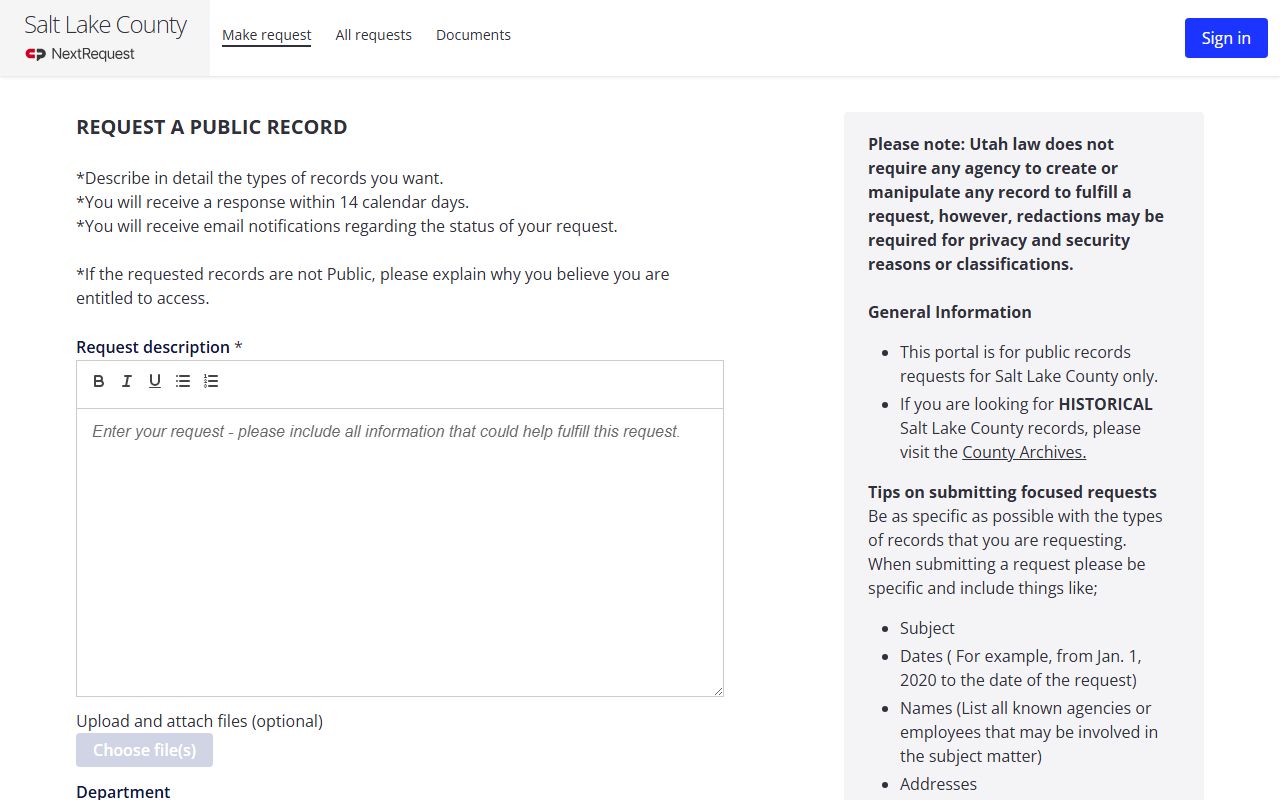 Salt Lake County GRAMA request portal for Salt Lake County released inmates
