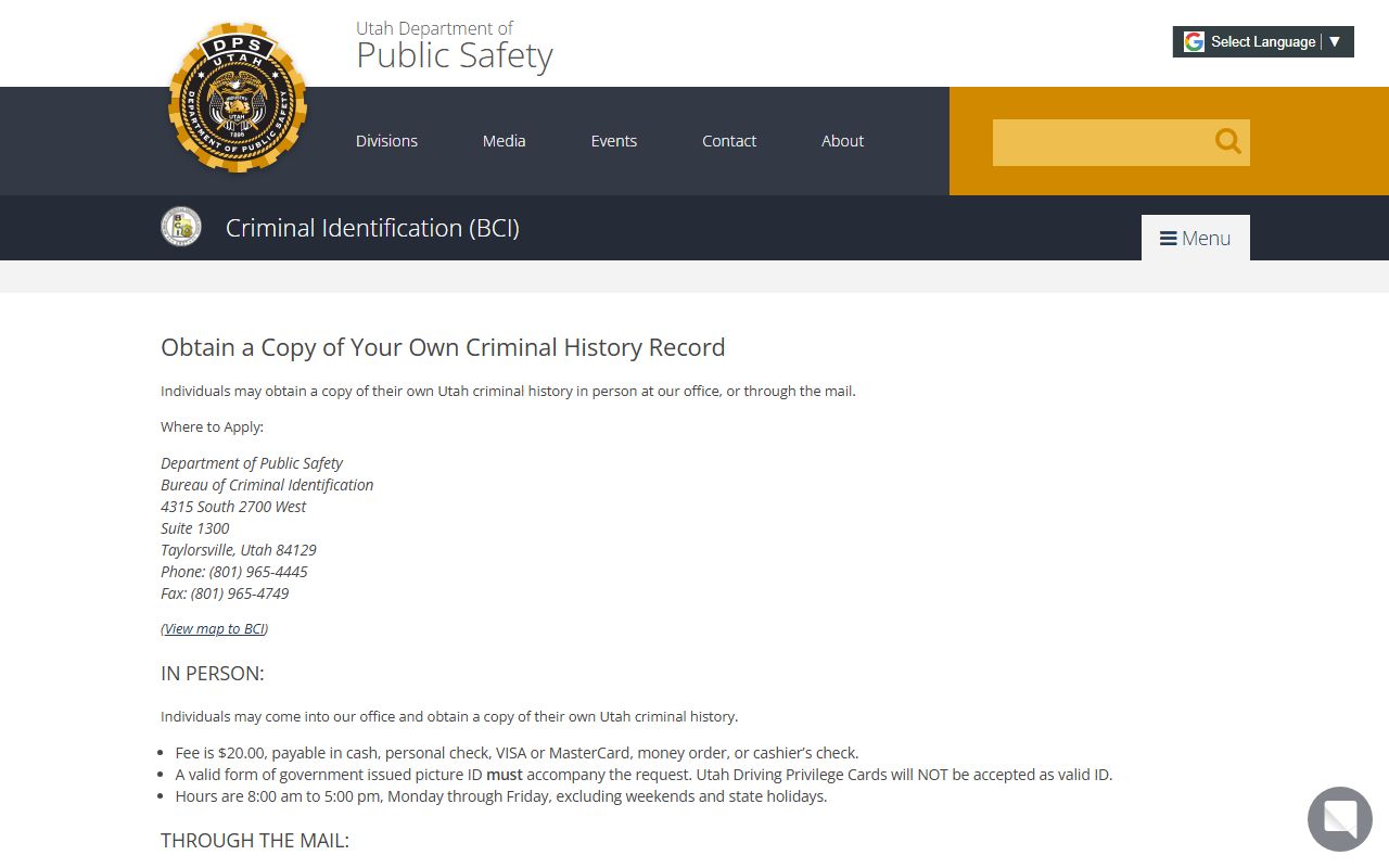 BCI criminal history request form for Utah released inmates