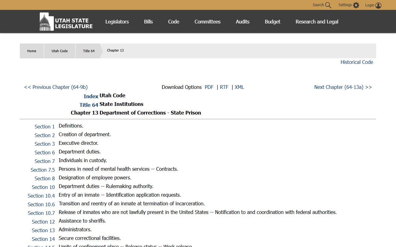 Department of Corrections statute page for Utah released inmates