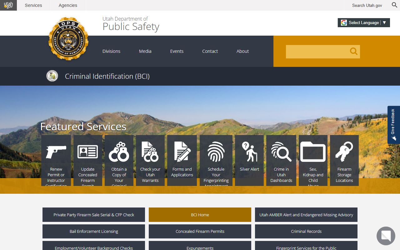 Utah Bureau of Criminal Identification main portal for released inmates